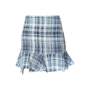 Chunky Tweed Distressed Plaid Trumpet Mini Skirt Sz XS mi ami Raw Hem